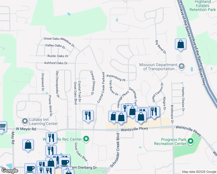 map of restaurants, bars, coffee shops, grocery stores, and more near 317 Van Buren Drive in Wentzville