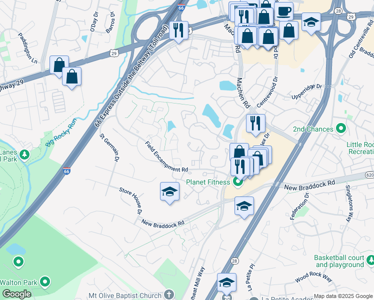 map of restaurants, bars, coffee shops, grocery stores, and more near 6224 Battalion Street in Centreville