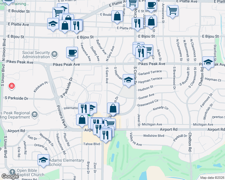 map of restaurants, bars, coffee shops, grocery stores, and more near 2610 Gomer Avenue in Colorado Springs