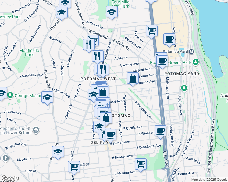 map of restaurants, bars, coffee shops, grocery stores, and more near 120 East Randolph Avenue in Alexandria
