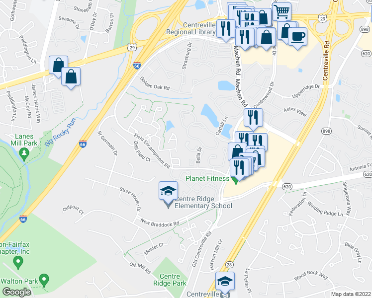 map of restaurants, bars, coffee shops, grocery stores, and more near 6224 Battalion Street in Centreville