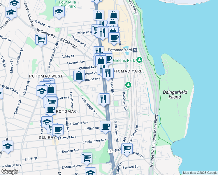 map of restaurants, bars, coffee shops, grocery stores, and more near 2620 Main Line Boulevard in Alexandria