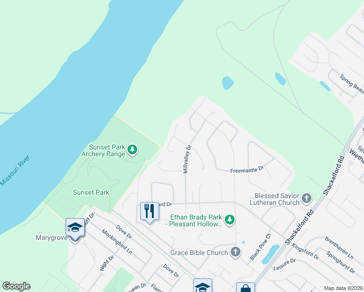 map of restaurants, bars, coffee shops, grocery stores, and more near 2502 Seascape Court in Florissant