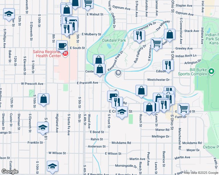 map of restaurants, bars, coffee shops, grocery stores, and more near 599 East Prescott Road in Salina