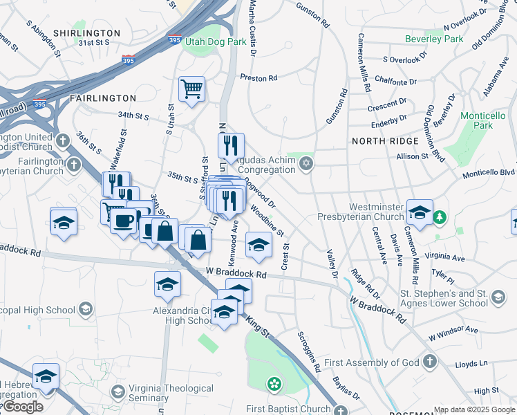 map of restaurants, bars, coffee shops, grocery stores, and more near 1607 Woodbine Street in Alexandria