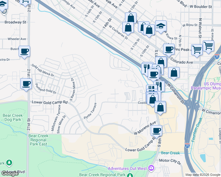 map of restaurants, bars, coffee shops, grocery stores, and more near 200 Cherokee Street in Colorado Springs