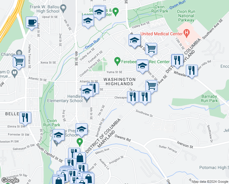 map of restaurants, bars, coffee shops, grocery stores, and more near 717 Brandywine Street Southeast in Washington