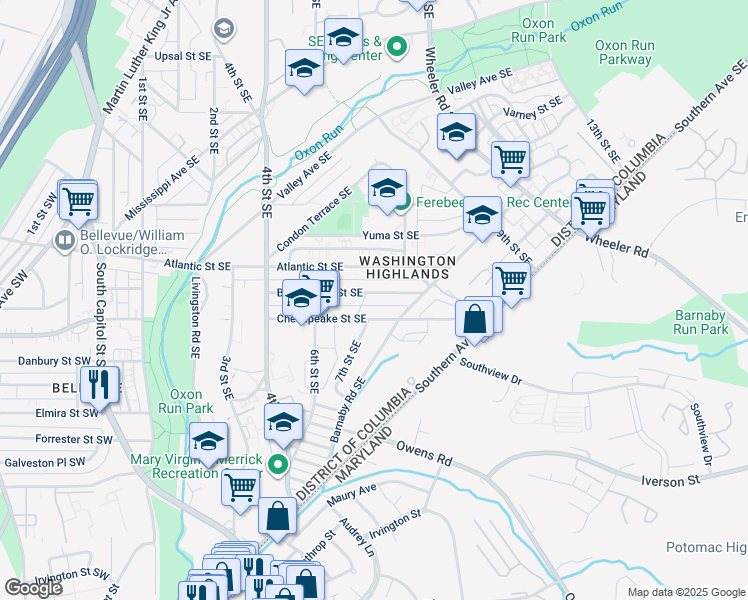 map of restaurants, bars, coffee shops, grocery stores, and more near 705 Brandywine Street Southeast in Washington