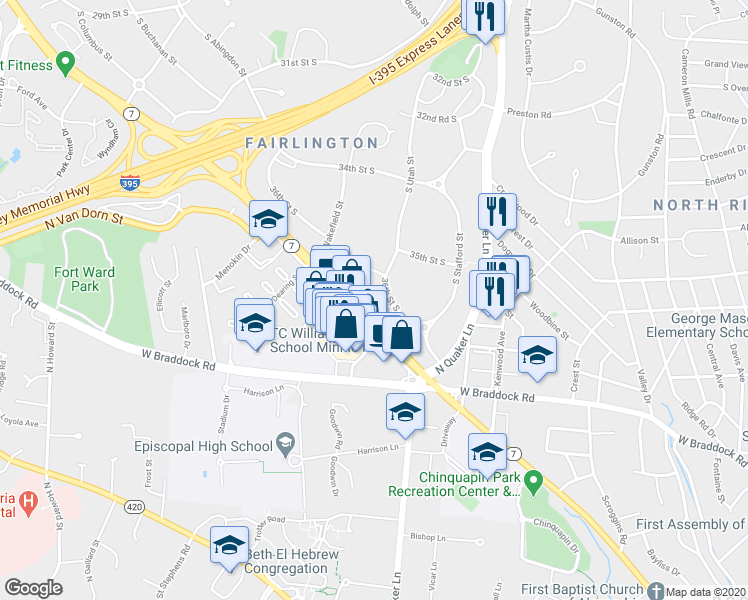 map of restaurants, bars, coffee shops, grocery stores, and more near 3620 South Taylor Street in Arlington