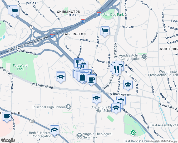 map of restaurants, bars, coffee shops, grocery stores, and more near 3620 South Taylor Street in Arlington