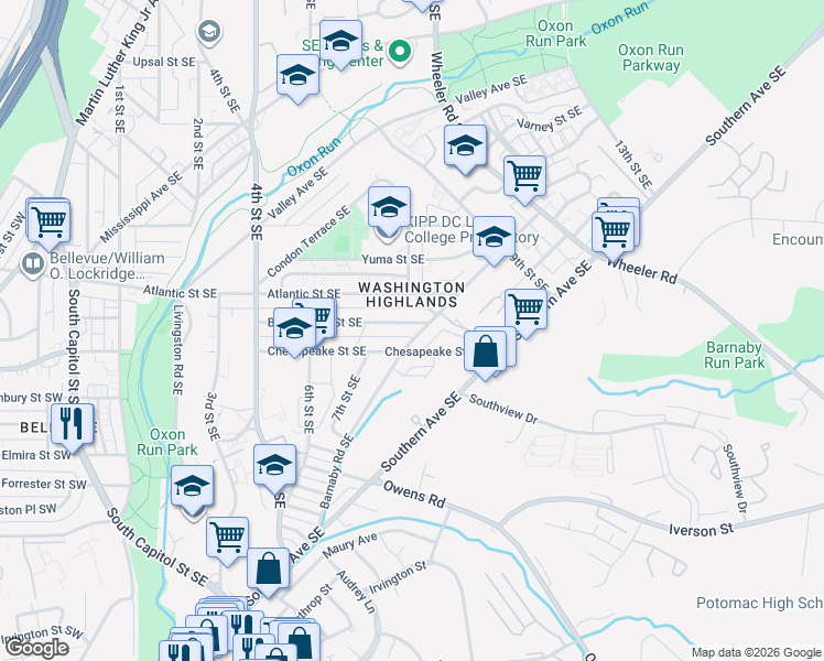 map of restaurants, bars, coffee shops, grocery stores, and more near 750 Barnaby Street Southeast in Washington