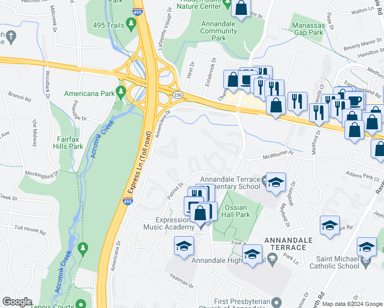 map of restaurants, bars, coffee shops, grocery stores, and more near 4345 Ivymount Court in Annandale