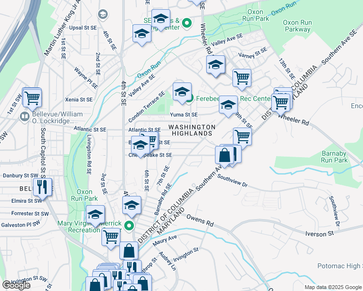 map of restaurants, bars, coffee shops, grocery stores, and more near 713 Brandywine Street Southeast in Washington