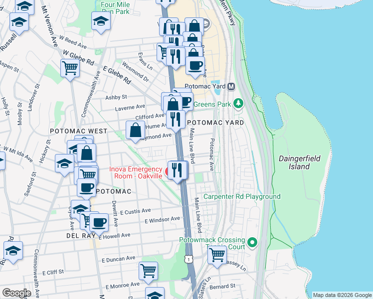 map of restaurants, bars, coffee shops, grocery stores, and more near 2620 Main Line Boulevard in Alexandria