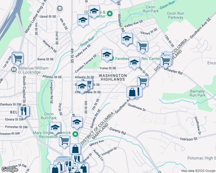 map of restaurants, bars, coffee shops, grocery stores, and more near 717 Brandywine Street Southeast in Washington