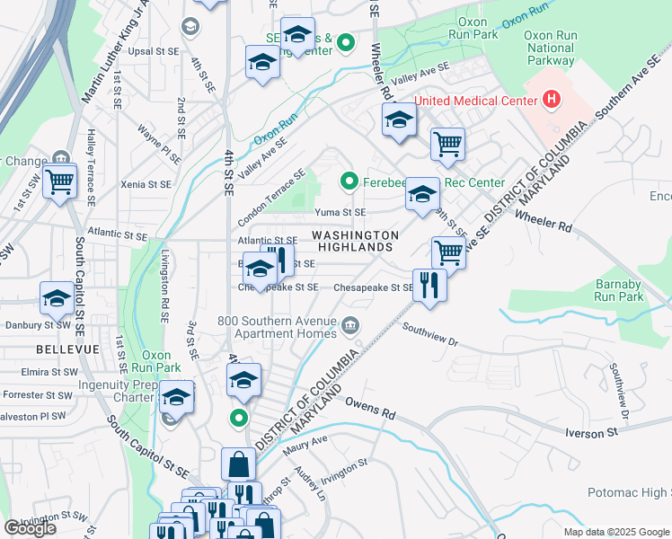 map of restaurants, bars, coffee shops, grocery stores, and more near 713 Brandywine Street Southeast in Washington