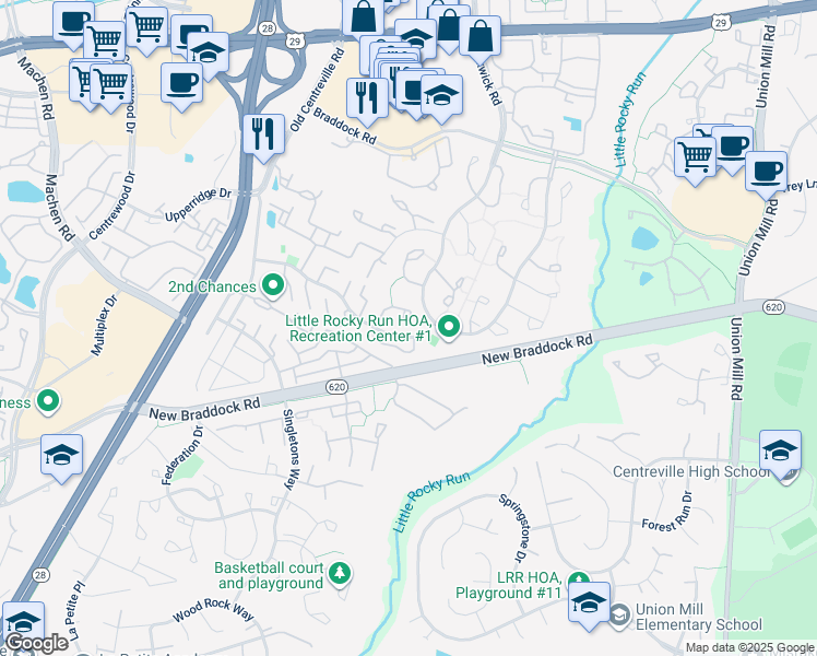 map of restaurants, bars, coffee shops, grocery stores, and more near 6065 Clay Spur Court in Centreville