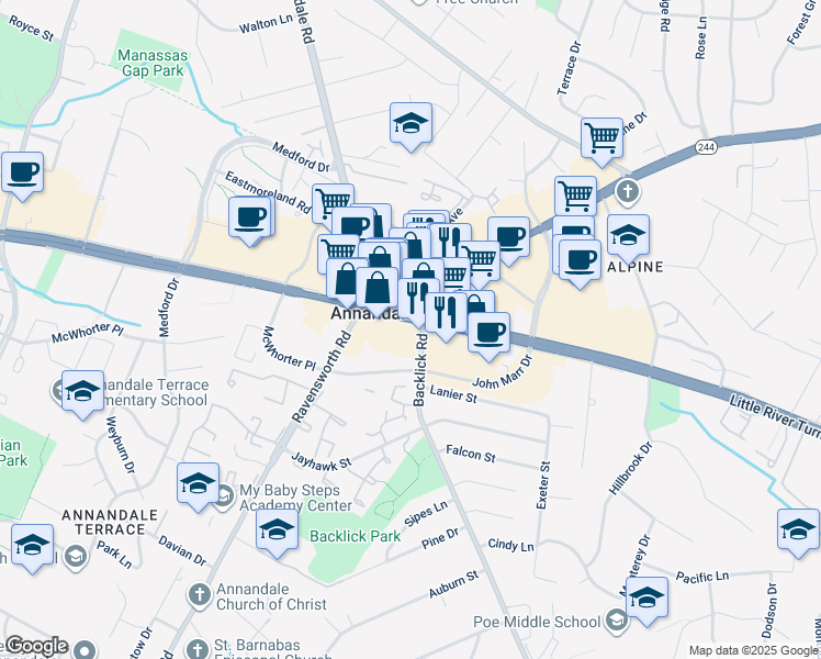 map of restaurants, bars, coffee shops, grocery stores, and more near 7209 Little River Turnpike in Annandale