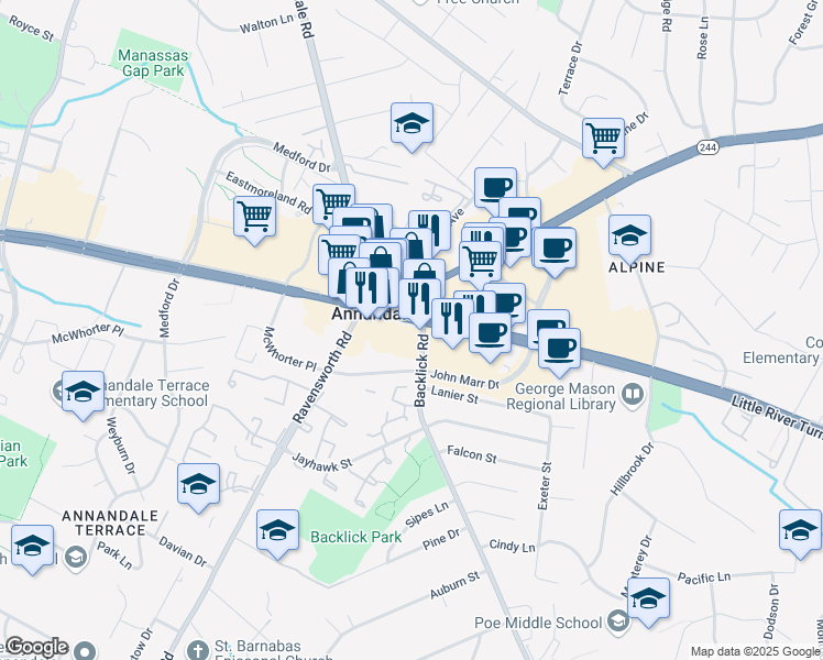 map of restaurants, bars, coffee shops, grocery stores, and more near 7209 Little River Turnpike in Annandale