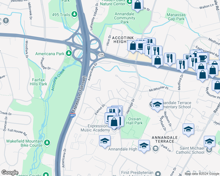 map of restaurants, bars, coffee shops, grocery stores, and more near 4345 Ivymount Court in Annandale