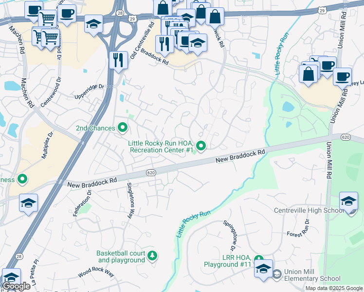 map of restaurants, bars, coffee shops, grocery stores, and more near 6065 Clay Spur Court in Centreville