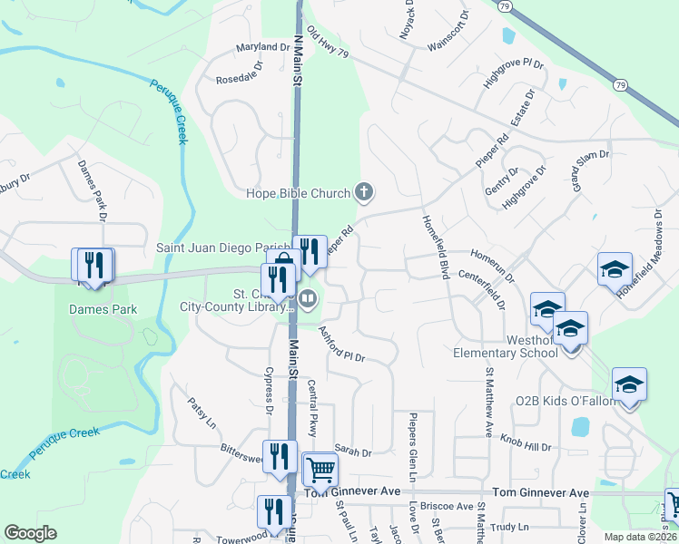 map of restaurants, bars, coffee shops, grocery stores, and more near 216 Deer Hollow Court in O'Fallon