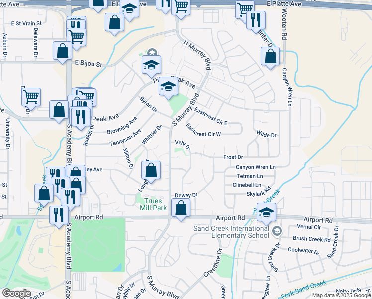 map of restaurants, bars, coffee shops, grocery stores, and more near 4312 Pope Place in Colorado Springs