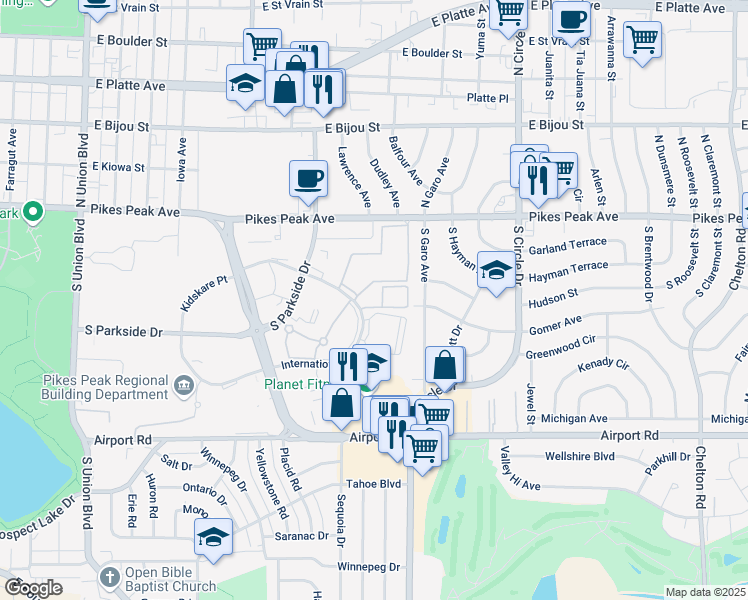map of restaurants, bars, coffee shops, grocery stores, and more near 2350 International Circle in Colorado Springs