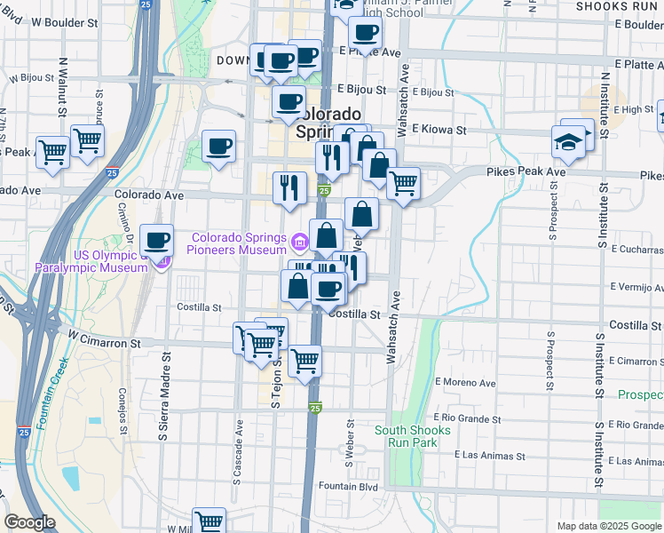 map of restaurants, bars, coffee shops, grocery stores, and more near 201 South Nevada Avenue in Colorado Springs