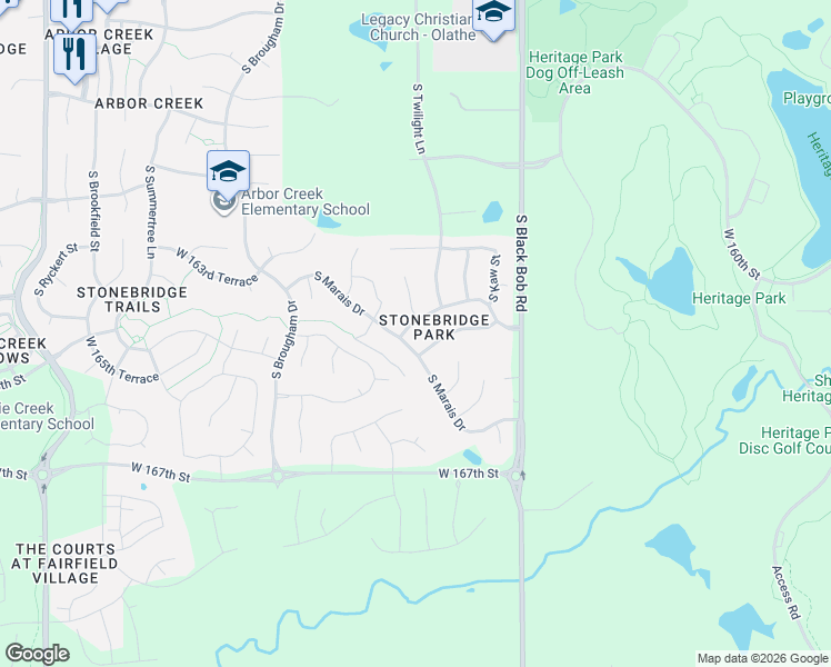 map of restaurants, bars, coffee shops, grocery stores, and more near 16426 South Hall Street in Olathe