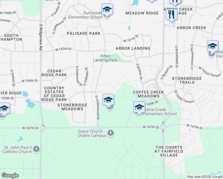 map of restaurants, bars, coffee shops, grocery stores, and more near 17103 West 164th Terrace in Olathe