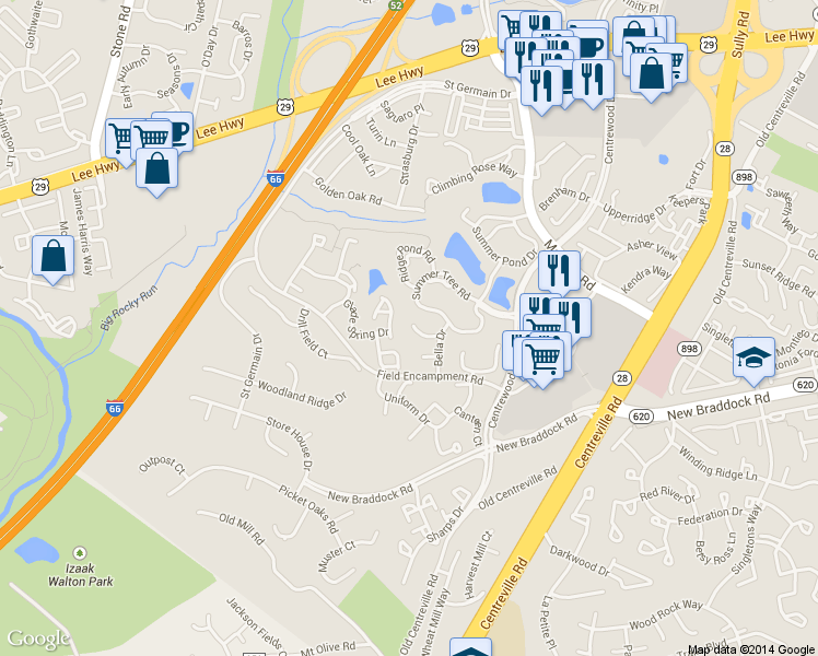 map of restaurants, bars, coffee shops, grocery stores, and more near 6218 Battalion Street in Centreville