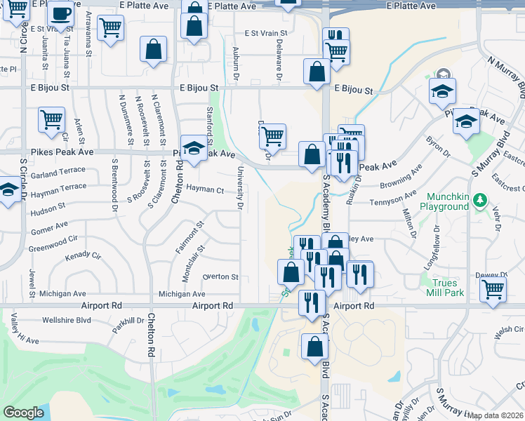map of restaurants, bars, coffee shops, grocery stores, and more near 77 Audubon Drive in Colorado Springs