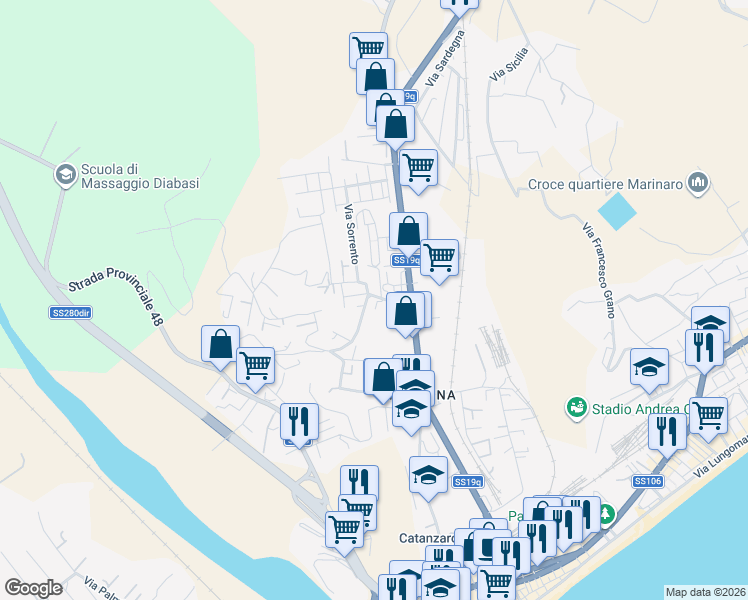 map of restaurants, bars, coffee shops, grocery stores, and more near Via Latina in Catanzaro
