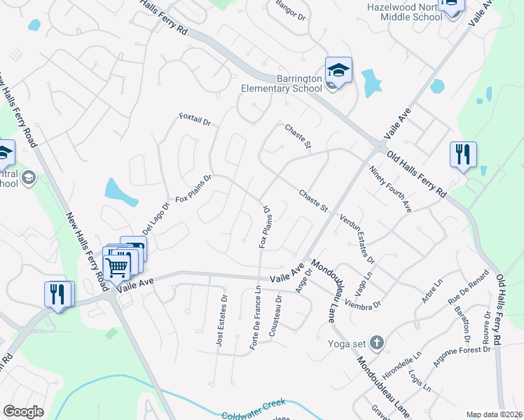 map of restaurants, bars, coffee shops, grocery stores, and more near 15608 Ninety-Fourth Avenue in Florissant
