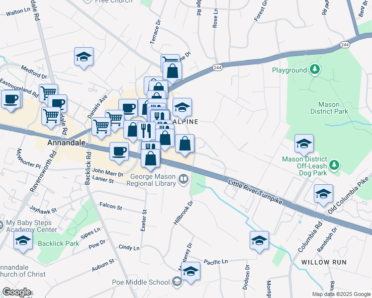 map of restaurants, bars, coffee shops, grocery stores, and more near 7006 Little River Turnpike in Annandale
