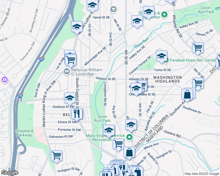 map of restaurants, bars, coffee shops, grocery stores, and more near 4020 Livingston Road Southeast in Washington