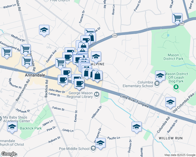 map of restaurants, bars, coffee shops, grocery stores, and more near 7006 Little River Turnpike in Annandale