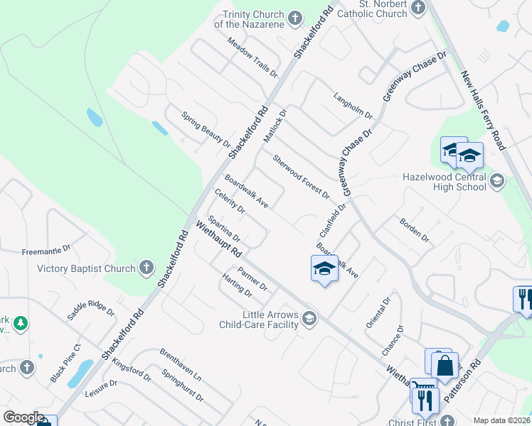 map of restaurants, bars, coffee shops, grocery stores, and more near 1609 Boardwalk Avenue in Florissant