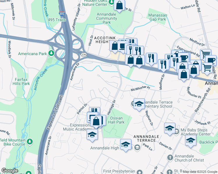 map of restaurants, bars, coffee shops, grocery stores, and more near 7723 Donnybrook Court in Annandale