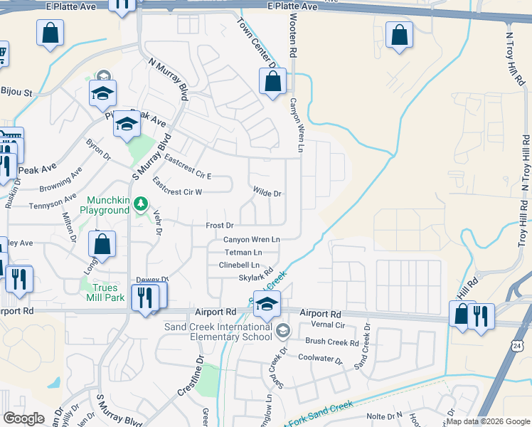 map of restaurants, bars, coffee shops, grocery stores, and more near 108 Henley Lane in Colorado Springs