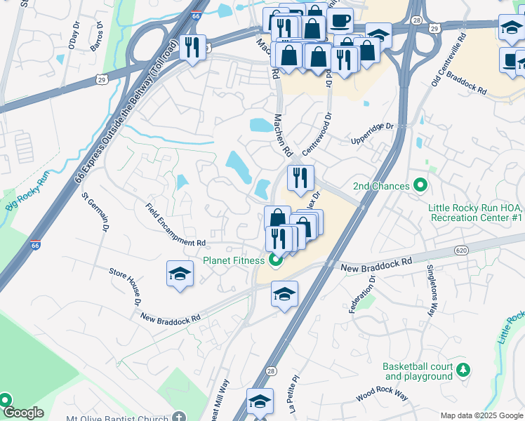 map of restaurants, bars, coffee shops, grocery stores, and more near 14304 Silo Valley View in Centreville