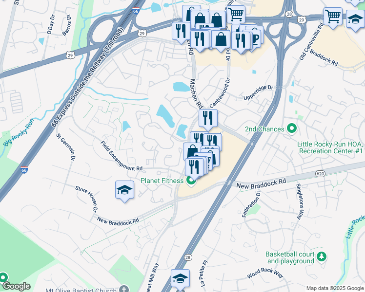 map of restaurants, bars, coffee shops, grocery stores, and more near 14304 Silo Valley View in Centreville
