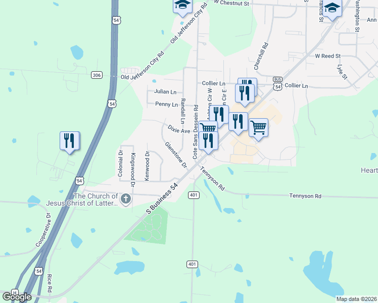 map of restaurants, bars, coffee shops, grocery stores, and more near 1300-1498 Randall Lane in Fulton