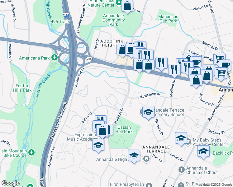 map of restaurants, bars, coffee shops, grocery stores, and more near 7723 Donnybrook Court in Annandale