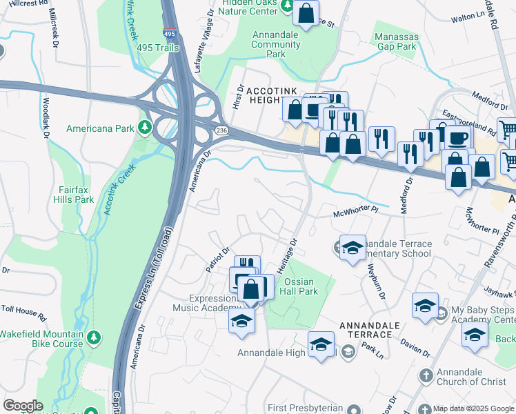 map of restaurants, bars, coffee shops, grocery stores, and more near 7716 Lafayette Forest Drive in Annandale