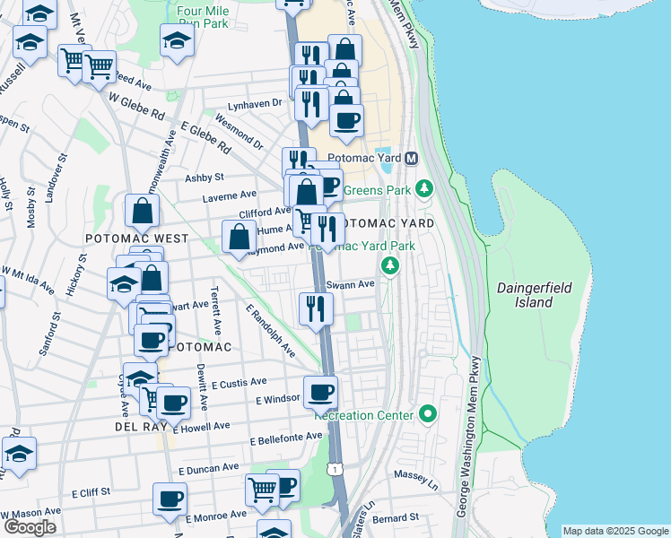 map of restaurants, bars, coffee shops, grocery stores, and more near 2620 Main Line Boulevard in Alexandria