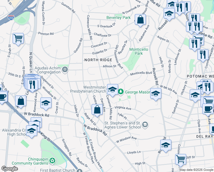 map of restaurants, bars, coffee shops, grocery stores, and more near 2801 Cameron Mills Road in Alexandria