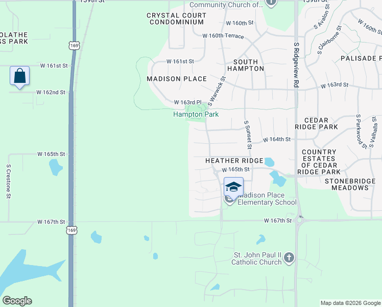 map of restaurants, bars, coffee shops, grocery stores, and more near 19069 West 164th Street in Olathe
