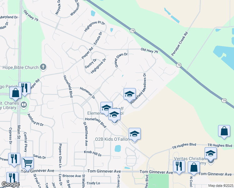 map of restaurants, bars, coffee shops, grocery stores, and more near 611 Homefield Glen Court in O'Fallon